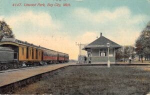 A Hand-Colored Postcard Shows A Passenger Train Beside A Small Depot Labeled Linwood Park, With A Platform, A Few People, And Open Parkland Nearby.