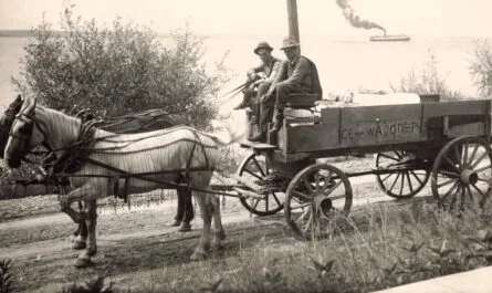 Black-And-White Photo Of A Horse Harnessed To A Wooden Wagon Labeled “Ice Wagon,” With Two Men Seated On The Front Bench On A Dirt Road Near The Shoreline And A Steamer In The Distance.