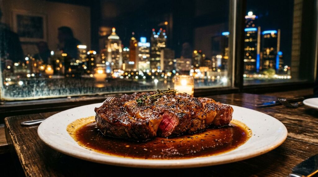 Steak With City Skyline Backdrop At Night