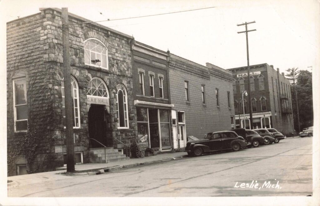 Historic G.a.r. Hall And Methodist Church Buildings In Leslie Michigan Early 1900S.