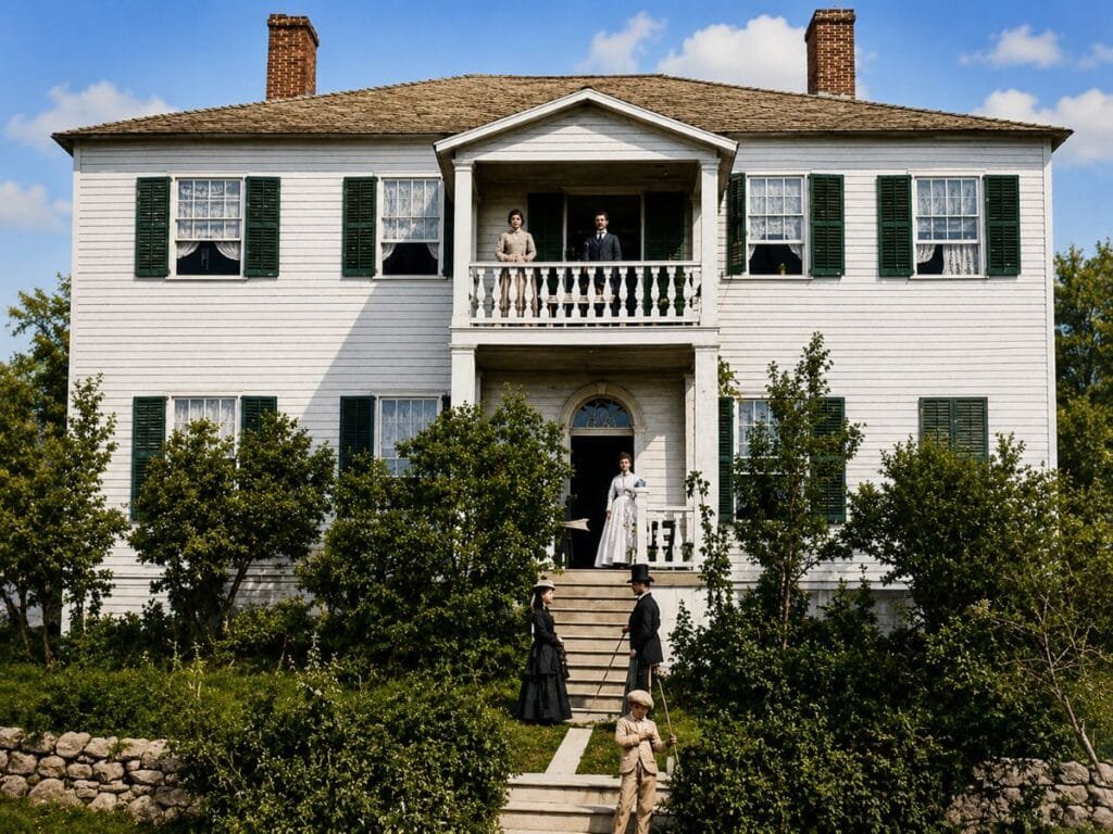 Historic House With People In Period Clothing.