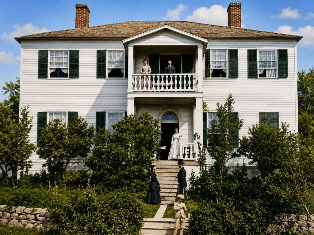 Historic House With People In Period Clothing.
