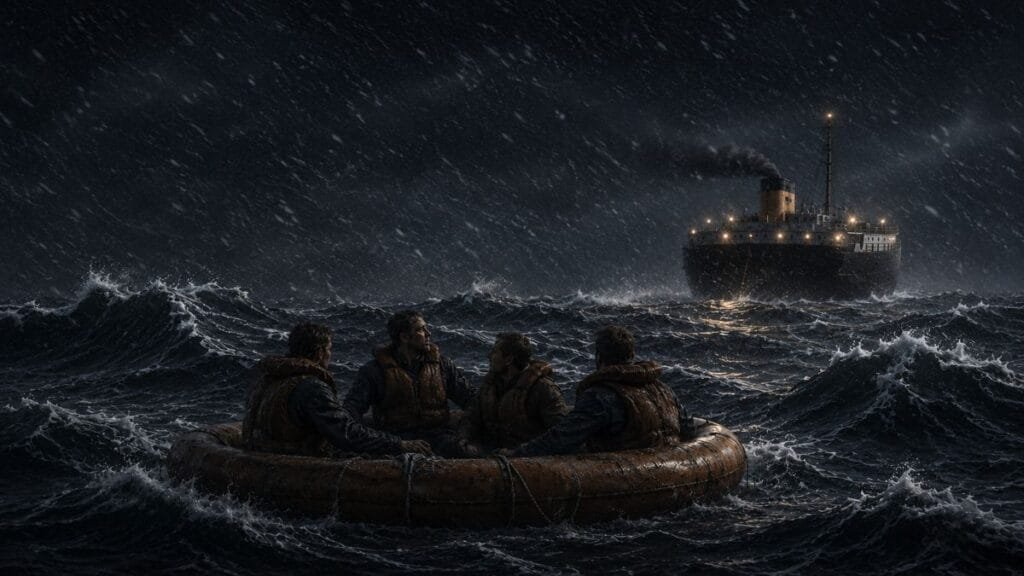 Men In Liferaft And Daniel J. Morrell Aft Still Afloat.