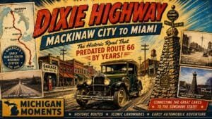 A 1920S-Style Automobile Travels Past The Mackinaw City Dixie Highway Monument, Roadside Businesses And A Map Showing The Route From Michigan To Miami.
