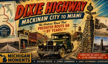 A 1920S-Style Automobile Travels Past The Mackinaw City Dixie Highway Monument, Roadside Businesses And A Map Showing The Route From Michigan To Miami.
