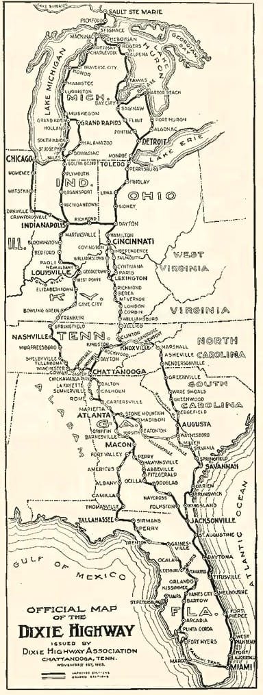 Historic Dixie Highway Map Showing Routes Between Michigan And Florida