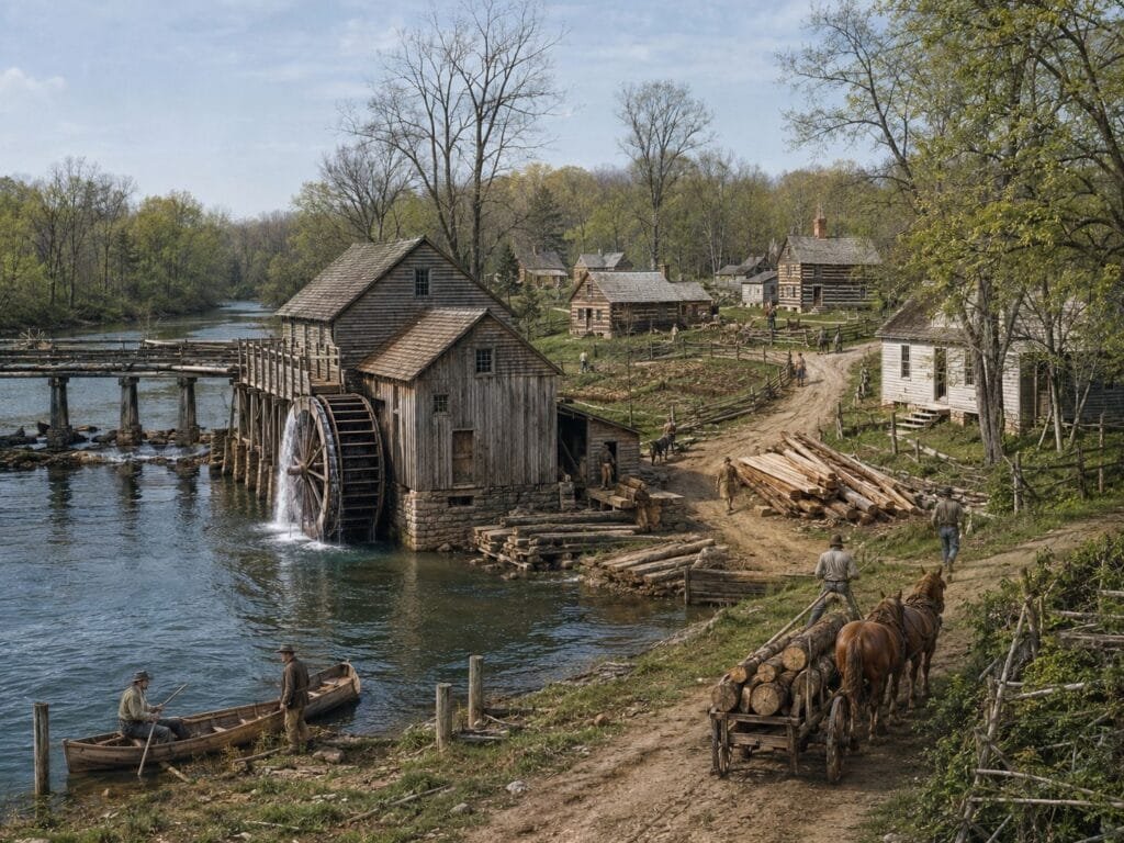 Historic Village With Watermill And Horses