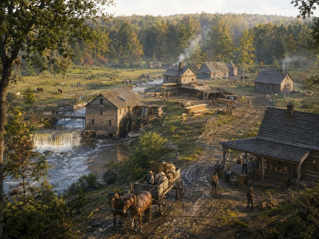 Rural Landscape With Wooden Buildings And Horses.