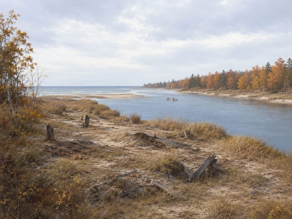Serene River Landscape With Autumn Foliage.