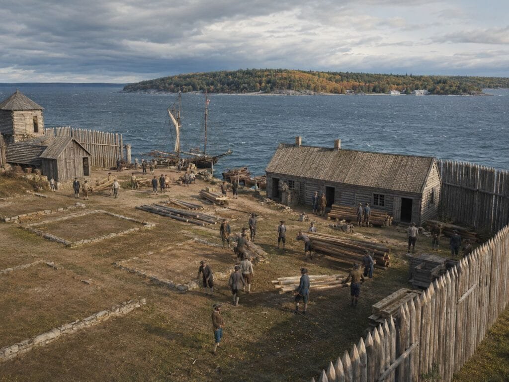 Historic Fort With People And Buildings