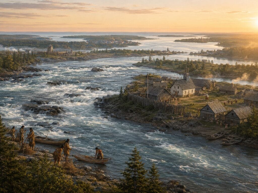 Scenic Riverside Village At Sunset