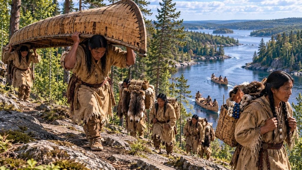 Indigenous Travelers Arriving At A 1630S Upper Michigan Winter Camp With Furs, Woven Packs, Blue Glass Beads And An Iron Tool.