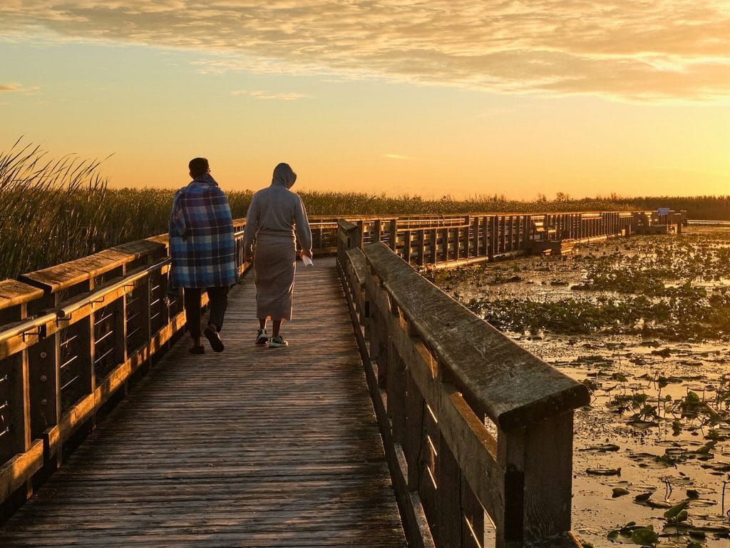 Couple Walking On Wooden Boardwalk