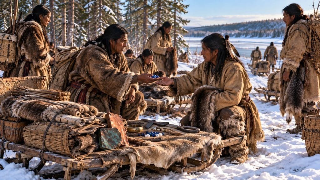 Indigenous Travelers Exchanging Blue Glass Beads And An Iron Tool Along A Snowy Great Lakes Trade Woodland Route In The Early 1600S.