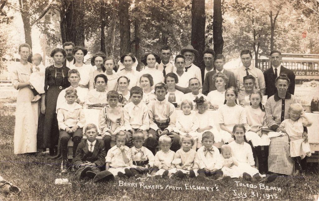 Group Captioned As Berry Pickers From Fishmeyer’s At Toledo Beach In 1913.