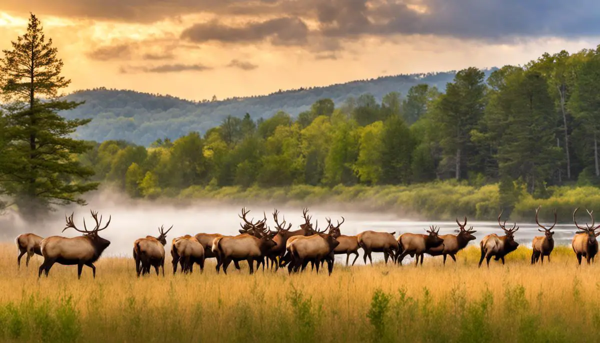 A Picturesque Image Of Elk Grazing In The Natural Habitat Near Atlanta, Michigan.