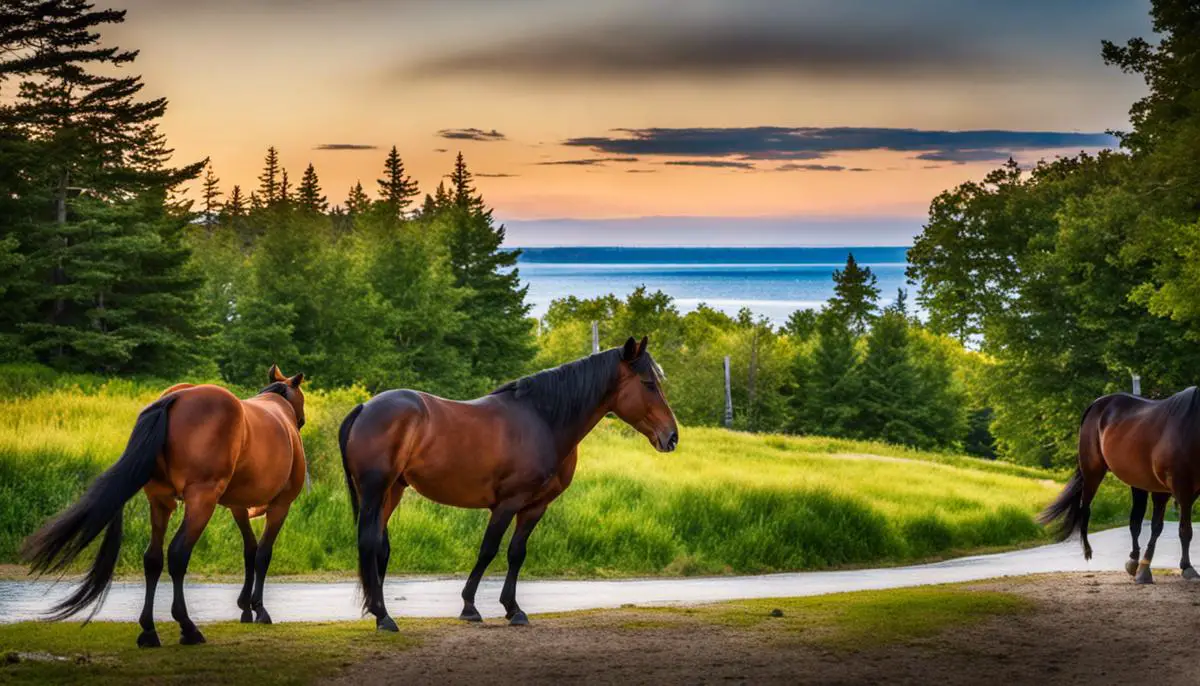 A Serene Image Of Horses On Mackinac Island, Standing Against The Backdrop Of The Island's Beauty.