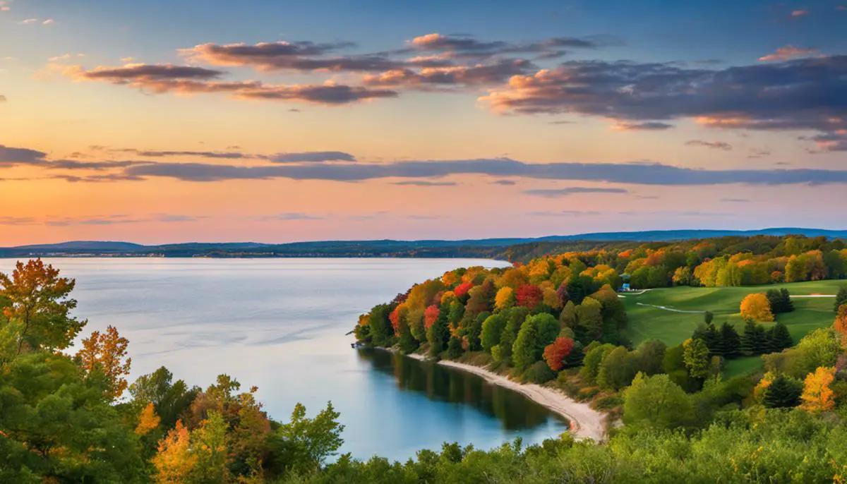 A Beautiful View Of Traverse City With The Stunning Sand Dunes, Vineyards, And Lake Michigan In The Background